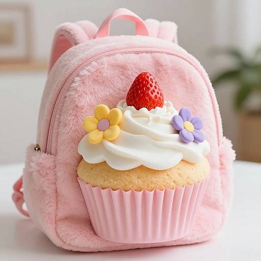 Photograph of a pink, fluffy backpack with a decorated cupcake graphic, featuring white frosting, yellow flower, purple flower, and a strawberry.