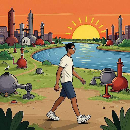 Young Man Walking in Chemical Park at Sunset