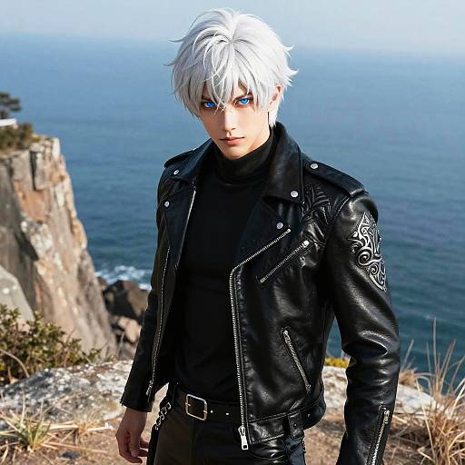 Photorealistic digital artwork of a white-haired, blue-eyed young man in a black leather jacket, standing on a rocky cliff overlooking the ocean.