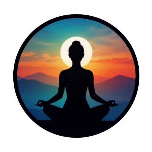 Silhouetted meditation silhouette in circle, sitting cross-legged against vibrant sunset with sun halo over mountain range. Digital art.