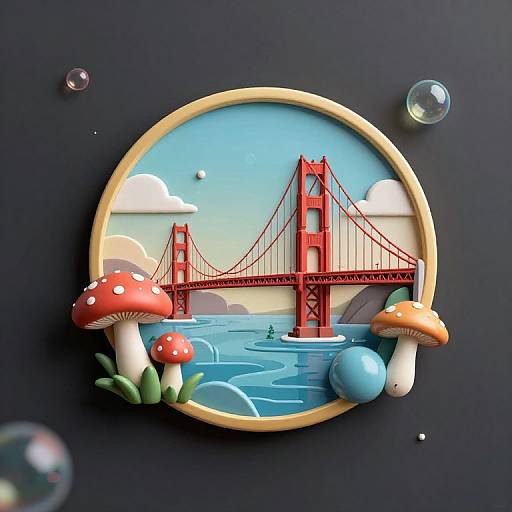 Digital art: Circular wooden frame with 3D-style, colorful illustration of red Golden Gate Bridge, blue water, and red-orange mushrooms, surrounded by