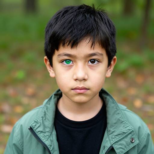 Photograph of a young boy with short black hair, heterochromatic eyes (one green, one brown), wearing a green jacket over a black shirt