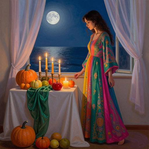 Photograph-style digital art: Pregnant woman in colorful, patterned dress stands by moonlit window, candlelit table with pumpkins and candles.