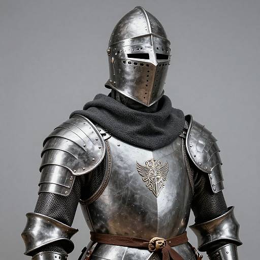 Photograph of a medieval knight in shiny silver armor with a black scarf, visored helmet, and ornate chest emblem, against a plain gray background