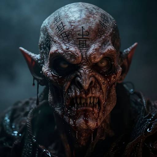 Photorealistic CGI of a grotesque, bald, demonic creature with twisted features, pointed ears, and cryptic symbols on its forehead, dripping dark
