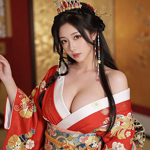 Photorealistic digital artwork of an East Asian woman with long black hair, wearing a red floral kimono, deep neckline, gold crown, and orn