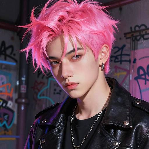 Photorealistic digital portrait of a pale-skinned, androgynous person with vibrant pink spiky hair, black leather jacket, and pierc