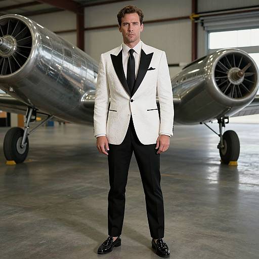 Photograph of a handsome man in a white tuxedo with black lapels and tie, standing in front of two vintage silver airplanes in a hang