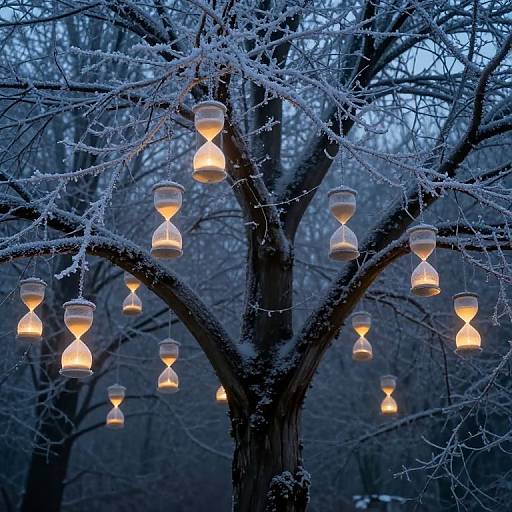 Photograph of a snow-covered tree with glowing hourglass lanterns hanging from its branches in a dark, winter forest at twilight.