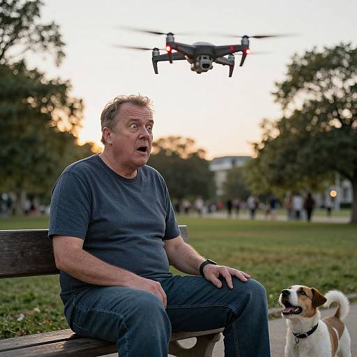 Photograph: Middle-aged man in blue shirt, sitting on park bench, surprised expression, drone flying above, small white and brown dog standing beside him
