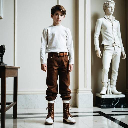 Boy in Brown Pants and White Boots Indoors
