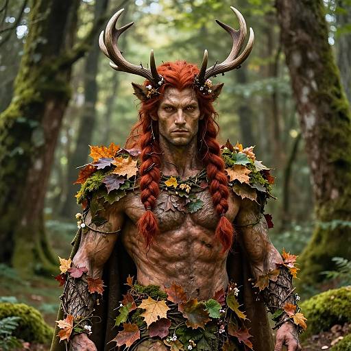 Photograph of a muscular, shirtless, red-haired man with antlers, wearing autumn leaves and vines as armor, standing in a forest.