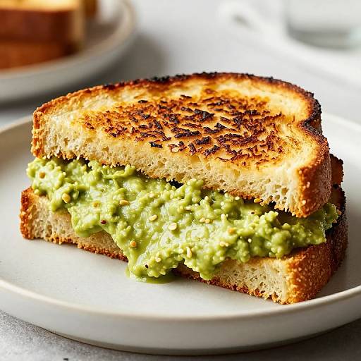 Close-up photograph of a toasted sandwich with crispy bread and green avocado filling on a white plate, showcasing golden-brown texture.