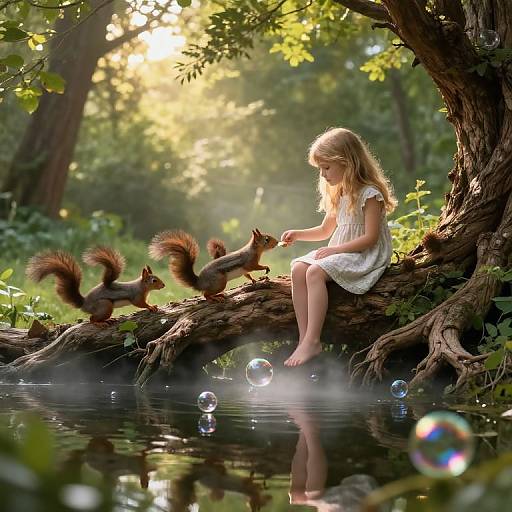 Photograph: Blond girl in white dress sits on tree branch, feeding three squirrels by sunlit forest stream, with floating bubbles.