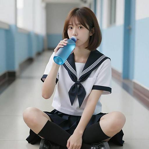 Asian Student Drinking Water in School Hallway