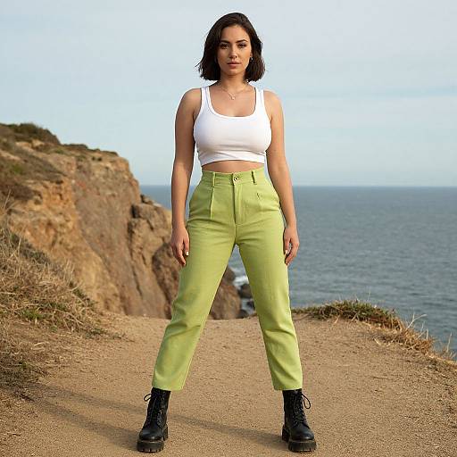 Photograph of a confident woman with short black hair, wearing a white tank top, green high-waisted pants, and black boots, standing on