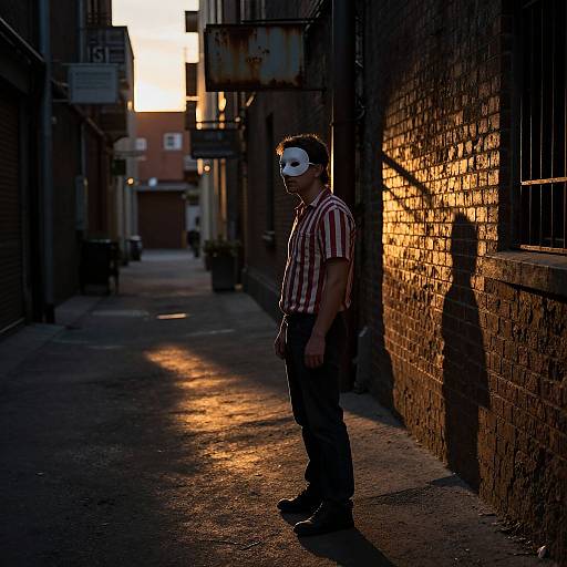 Photograph of a man in striped shirt and dark pants, wearing a white cap, standing in a shadowy urban alley at sunset, with golden sunlight