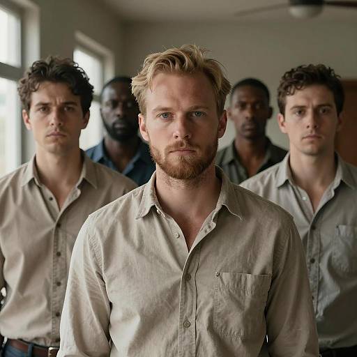 Serious Group of Men in Dimly Lit Room