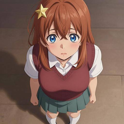 Anime-style digital drawing of a young girl with brown hair, blue eyes, and a yellow star hairpin, wearing a maroon sweater, white shirt