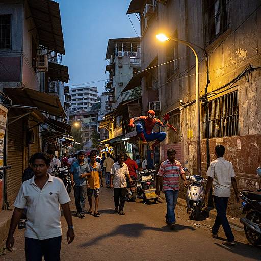 Photograph of a busy urban street at dusk, featuring a mid-air Spider-Man in red and blue, surrounded by pedestrians and vehicles under yellow streetlights