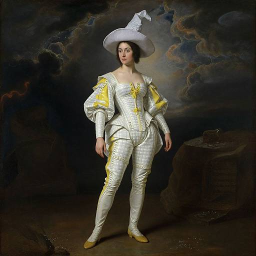 Baroque-style portrait of a fair-skinned woman in a white, checkered, puffed-sleeve suit with yellow accents, white hat,