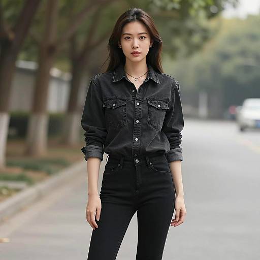 Confident Woman in Black Denim Outfit Outdoors