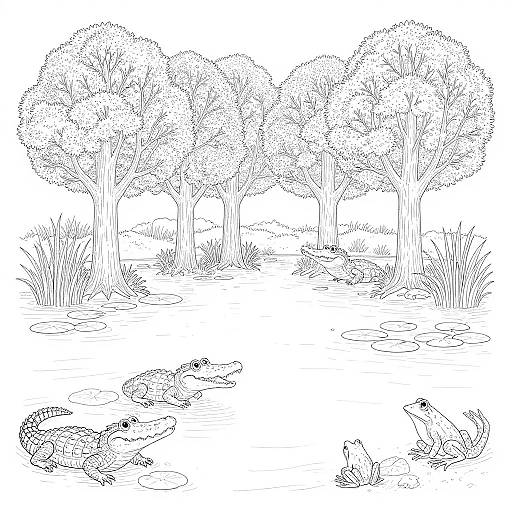 Black-and-white line drawing of a forest scene with three trees, grass, and three crocodiles lying on rocks in the foreground.