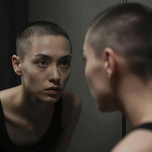Photograph of a shirtless, bald, androgynous person with a serious expression, gazing intently at their reflection in a dark mirror