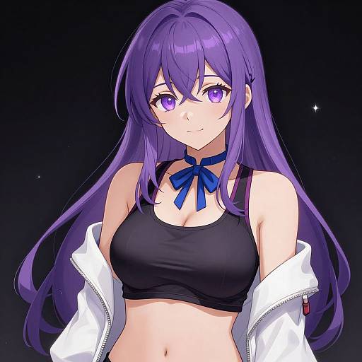 Anime-style digital drawing of a purple-haired girl with long hair, purple eyes, wearing a black sports bra, blue ribbon choker, and white jacket