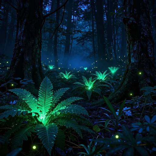 Photograph of a mystical forest at night, illuminated by glowing green ferns and tiny yellow fireflies, surrounded by dark, towering trees.