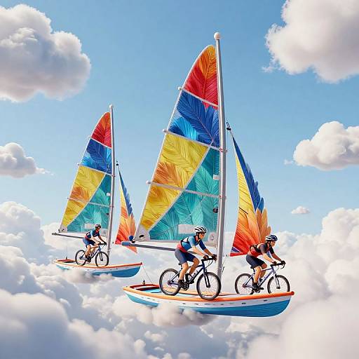 Colorful sailboats with vibrant, multicolored sails float on a bright blue sky, surrounded by fluffy white clouds. Three cyclists, wearing helmets and