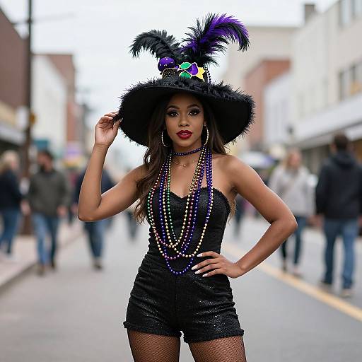 Photograph of a confident woman in a black, sequined jumpsuit, large black hat with purple feathers, and multiple necklaces, standing on a