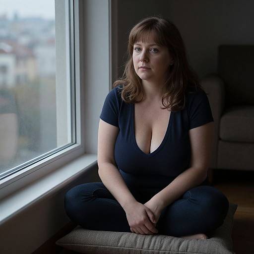 Photograph of a fair-skinned, brown-haired woman with large breasts in a black V-neck top and jeans, sitting cross-legged by a window,