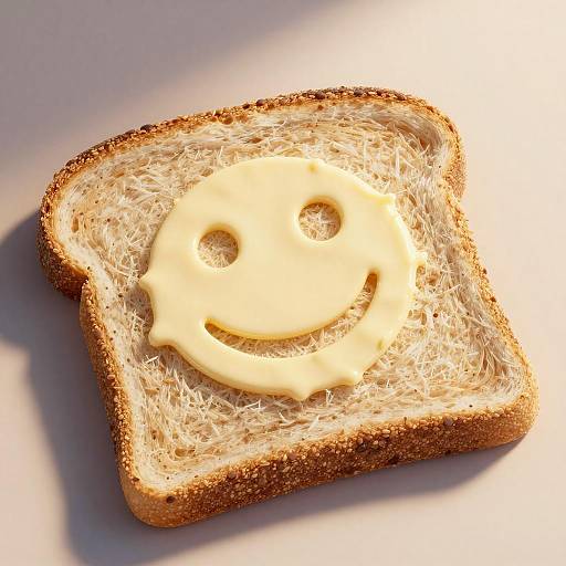 Photograph of a toasted bread slice with a creamy, smiley-face butter spread, casting a shadow on a white surface.