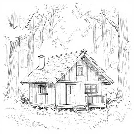 Black-and-white line drawing of a small wooden cabin with a pitched roof, surrounded by tall trees and dense foliage.