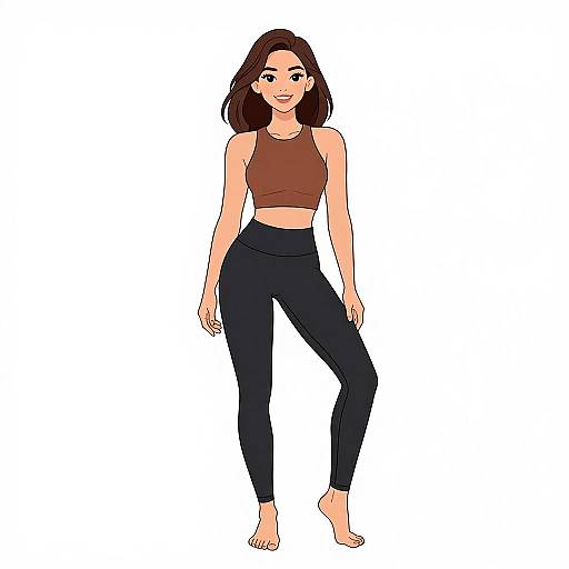 Digital illustration of a smiling woman with fair skin, brown shoulder-length hair, wearing a brown crop top and black high-waisted leggings, standing bare
