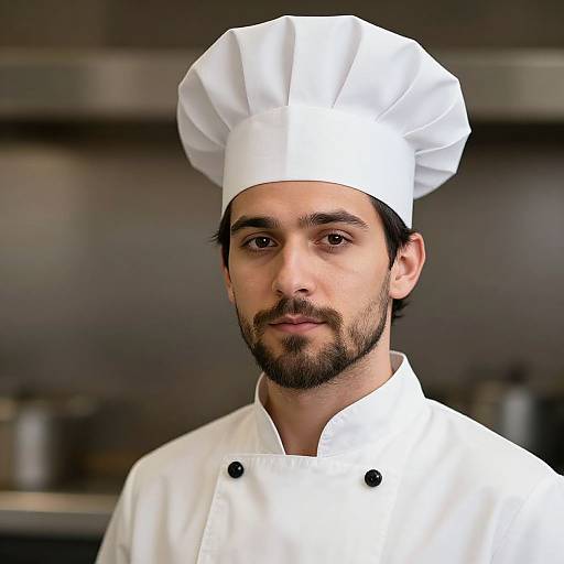 Photograph of a serious, bearded male chef with medium skin tone, wearing a white double-breasted chef's jacket and tall white chef's hat
