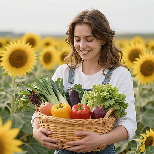 Photograph of smiling young woman with wavy brown hair, wearing white shirt and denim overalls, holding wicker basket of colorful vegetables in sunflower