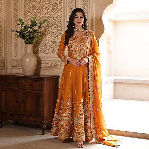 Photograph of a South Asian woman with long black hair, wearing an orange traditional embroidered salwar kameez, standing in an elegant, ornately