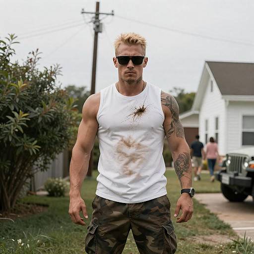 Powerful Man in Backyard Scene