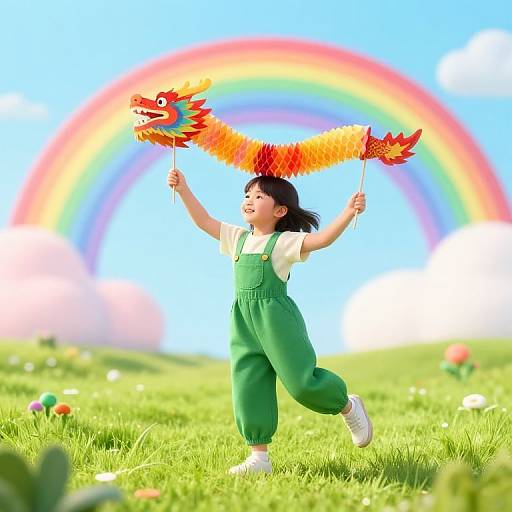 Joyful Girl Spinning with Paper Dragon