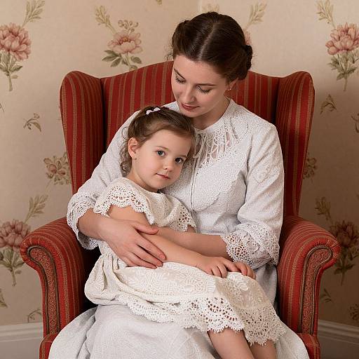 Photograph of a mother in a white lace dress, gently holding her young daughter in a matching lace dress, seated on a red striped armchair with