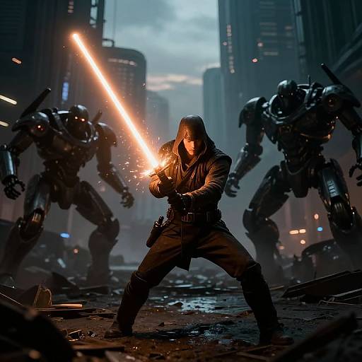 Digital artwork of a hooded figure in a dark alley, wielding a glowing lightsaber, surrounded by three armored mechs in a futuristic, ruined city