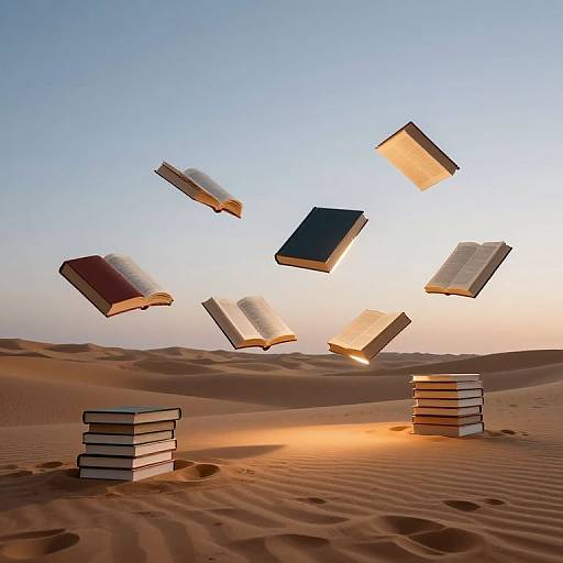 Photograph: Stacks of books floating in mid-air above a desert with golden sunlight, clear blue sky, and dune ridges.