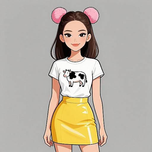 Digital anime-style illustration of a cute young woman with pink pom-pom hair accessories, wearing a white cow-print shirt and yellow skirt, against a plain