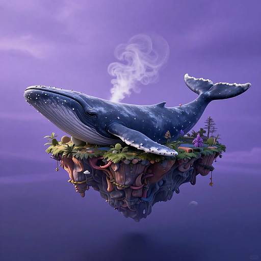 Digital artwork of a massive blue whale with white speckles, exhaling steam, floating on a lush, island-like rock formation in a vibrant purple
