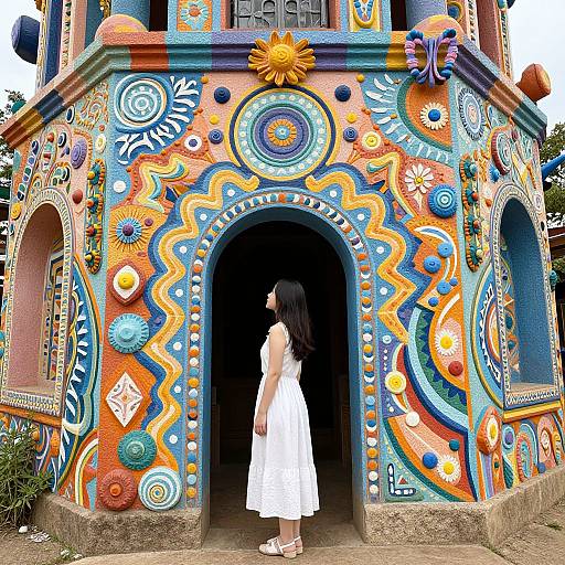 Photograph of a woman in a white dress standing in front of a brightly colored, intricately patterned, psychedelic mural entrance.
