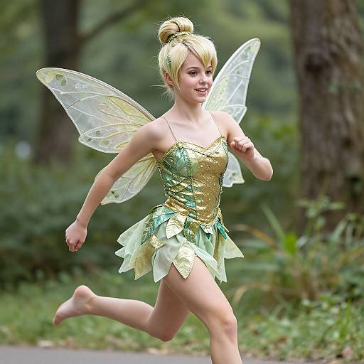 Photograph of a young blonde girl with green and gold fairy costume, translucent wings, running barefoot in a forest.