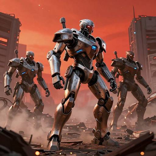 Digital artwork of four futuristic silver robots standing in a smoky, post-apocalyptic cityscape with a red, fiery sky and ruined buildings.