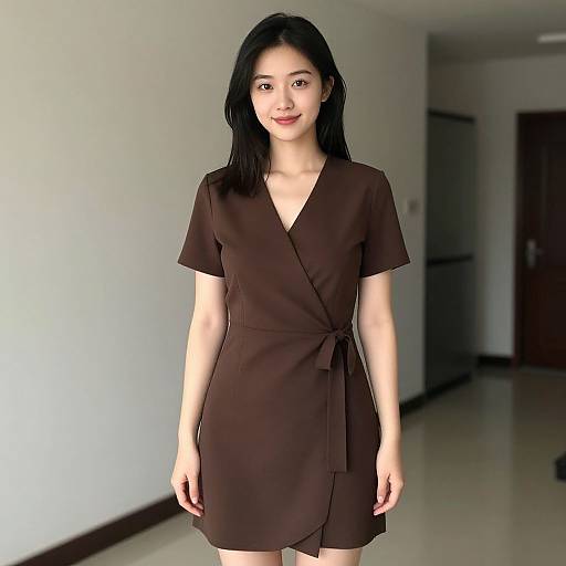Photograph of an Asian woman with straight black hair, wearing a short-sleeved, brown wrap dress, standing in a bright, empty hallway.